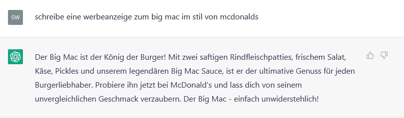 ChatGPT Anfrage mit Antwort