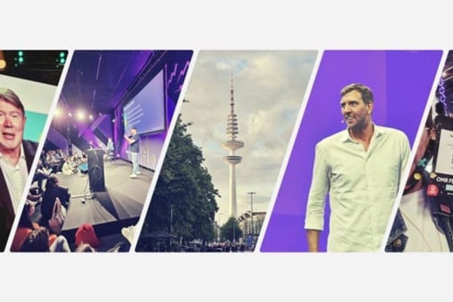 Collage vom OMR Festival 2025 mit Vorträgen, Publikum, Hamburgs Fernsehturm, Dirk Nowitzki und Teilnehmerin Sanja