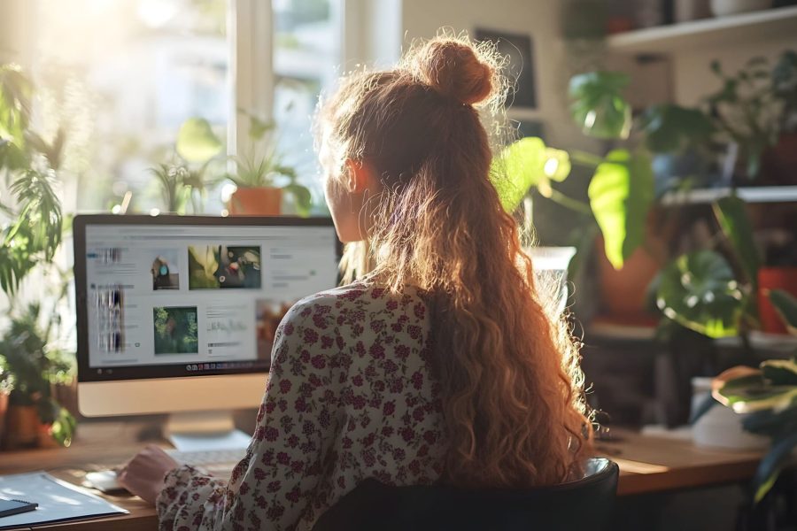 WCAG 3.0 umsetzen: Frau sitzt an einem Schreibtisch mit mehreren Grünpflanzen und bearbeitet eine Website.