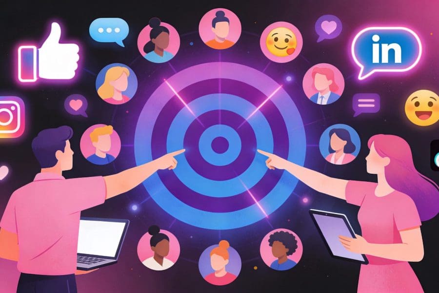 Eine Zielscheibe zwischen Figuren und Icons als Symbolbild für Zielgruppe für Social Media definieren